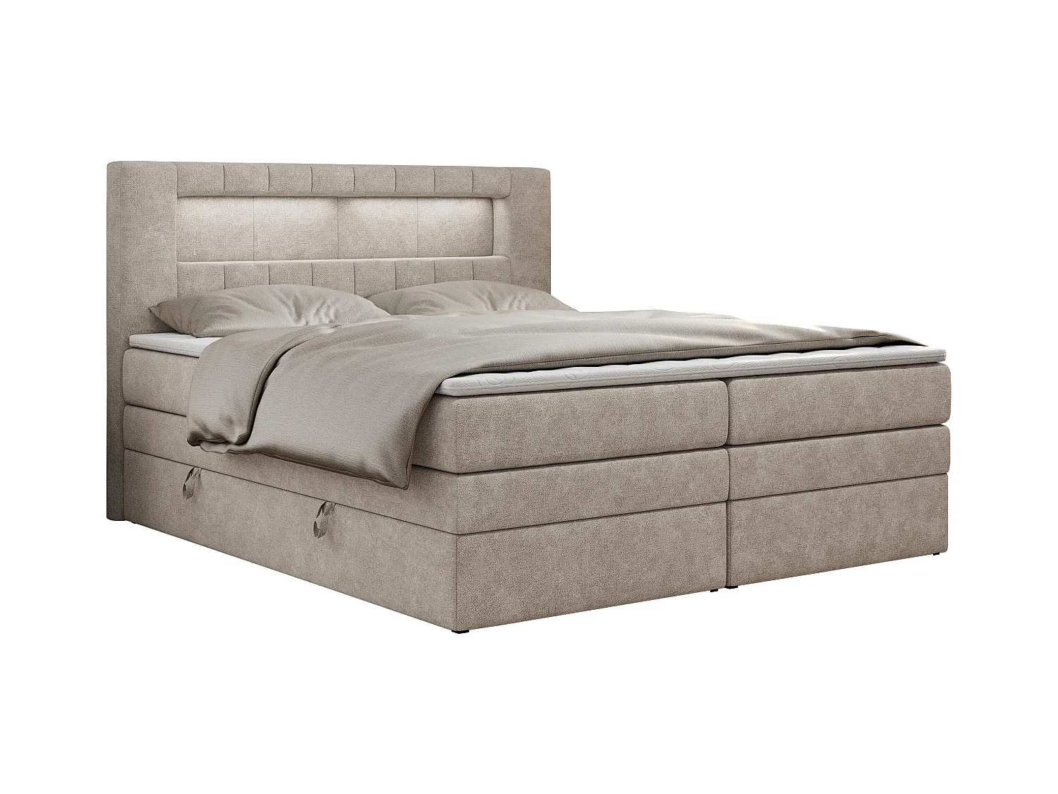 Boxspringbett GOLD 5 KING mit Stauraum, zwei Bettkästen, LED-Beleuchtung, Multipocket-Matratze - 140x200 cm - H4 - Beige Strukture