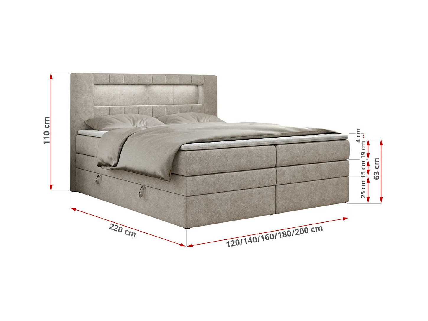Boxspringbett GOLD 5 KING mit Stauraum, zwei Bettkästen, LED-Beleuchtung, Multipocket-Matratze - 140x200 cm - H4 - Beige Strukture