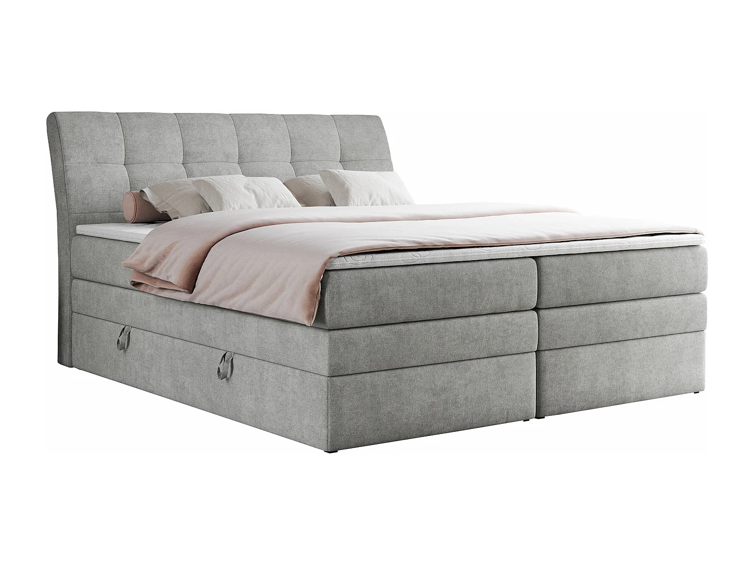 Boxspringbett GOLD 10 KING mit genähtes Kopfteil und Stauraum, zwei Multipocket-Matratze - 160x200 cm - H3 - Hellgrau Strukture