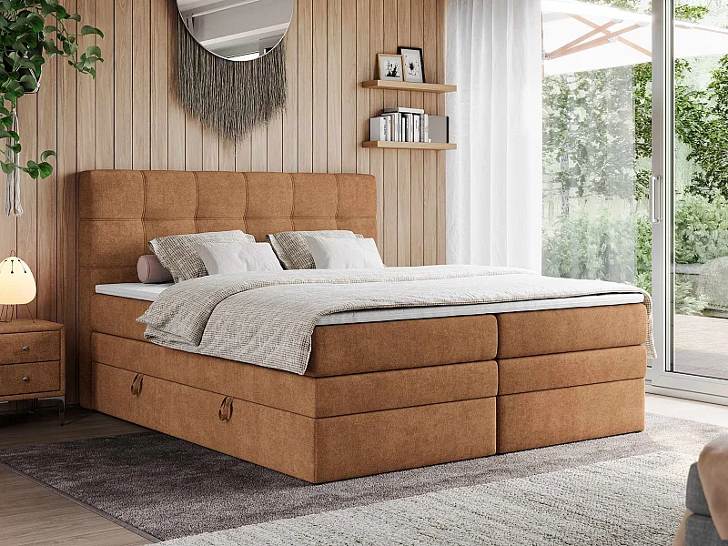 Boxspringbett ERNI KING, gestepptes Kopfteil, zwei Multipocket-Matratze und Topper, mit Stauraum - 120x200 cm - H3 - Orange Strukture