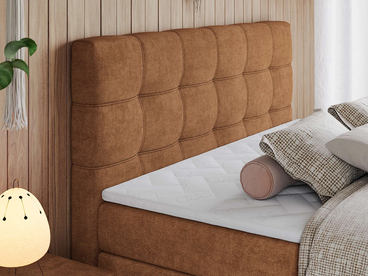 Boxspringbett ERNI KING, gestepptes Kopfteil, zwei Multipocket-Matratze und Topper, mit Stauraum - 120x200 cm - H3 - Orange Strukture