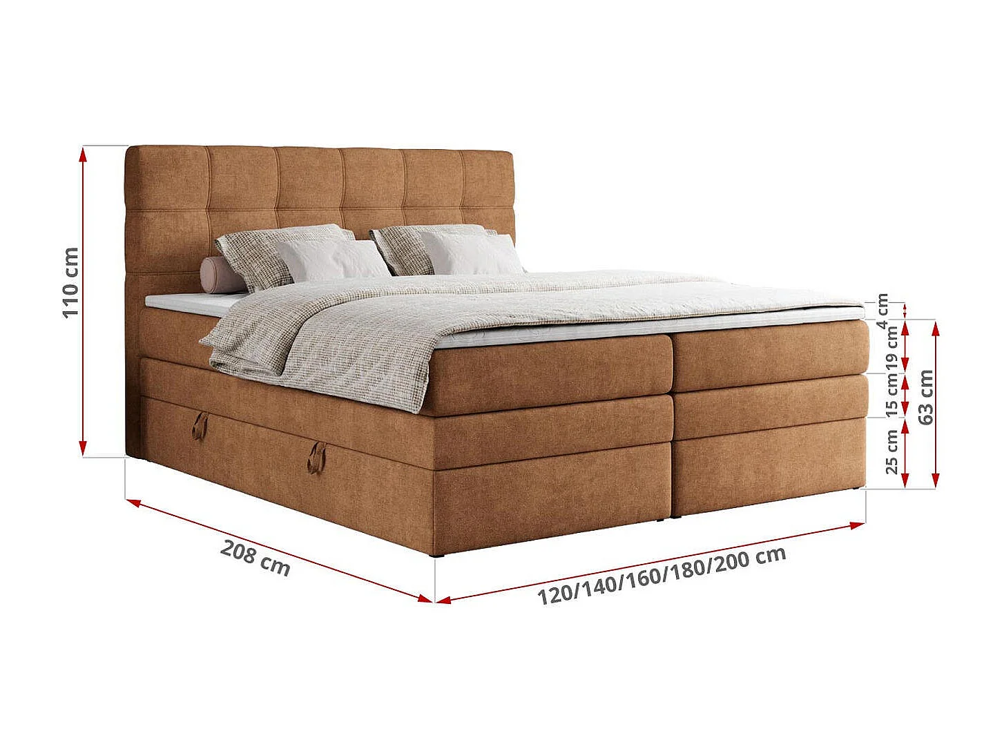 Boxspringbett ERNI KING, gestepptes Kopfteil, zwei Multipocket-Matratze und Topper, mit Stauraum - 120x200 cm - H3 - Orange Strukture