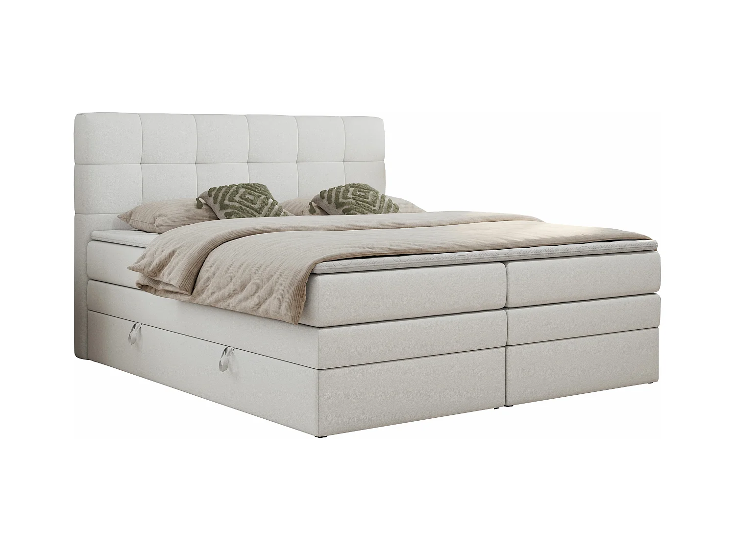 Boxspringbett LUKA KING, mit gestepptem Kopfteil, zwei Bettkästen, Multipocket-Matratze und Topper - 160x200 cm - H3 - Weiß Kunstleder