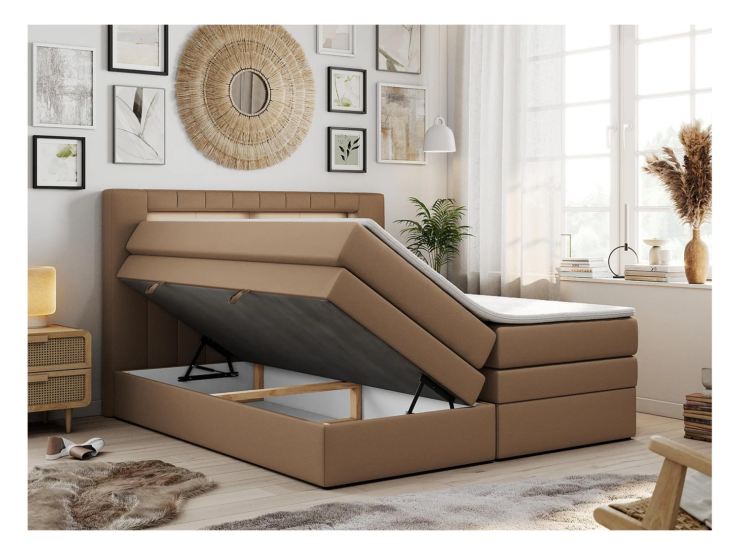 Boxspringbett GOLD 5 KING mit Stauraum, zwei Bettkästen, LED-Beleuchtung, Multipocket-Matratze - 200x200 cm - H3 - Braun Kunstleder
