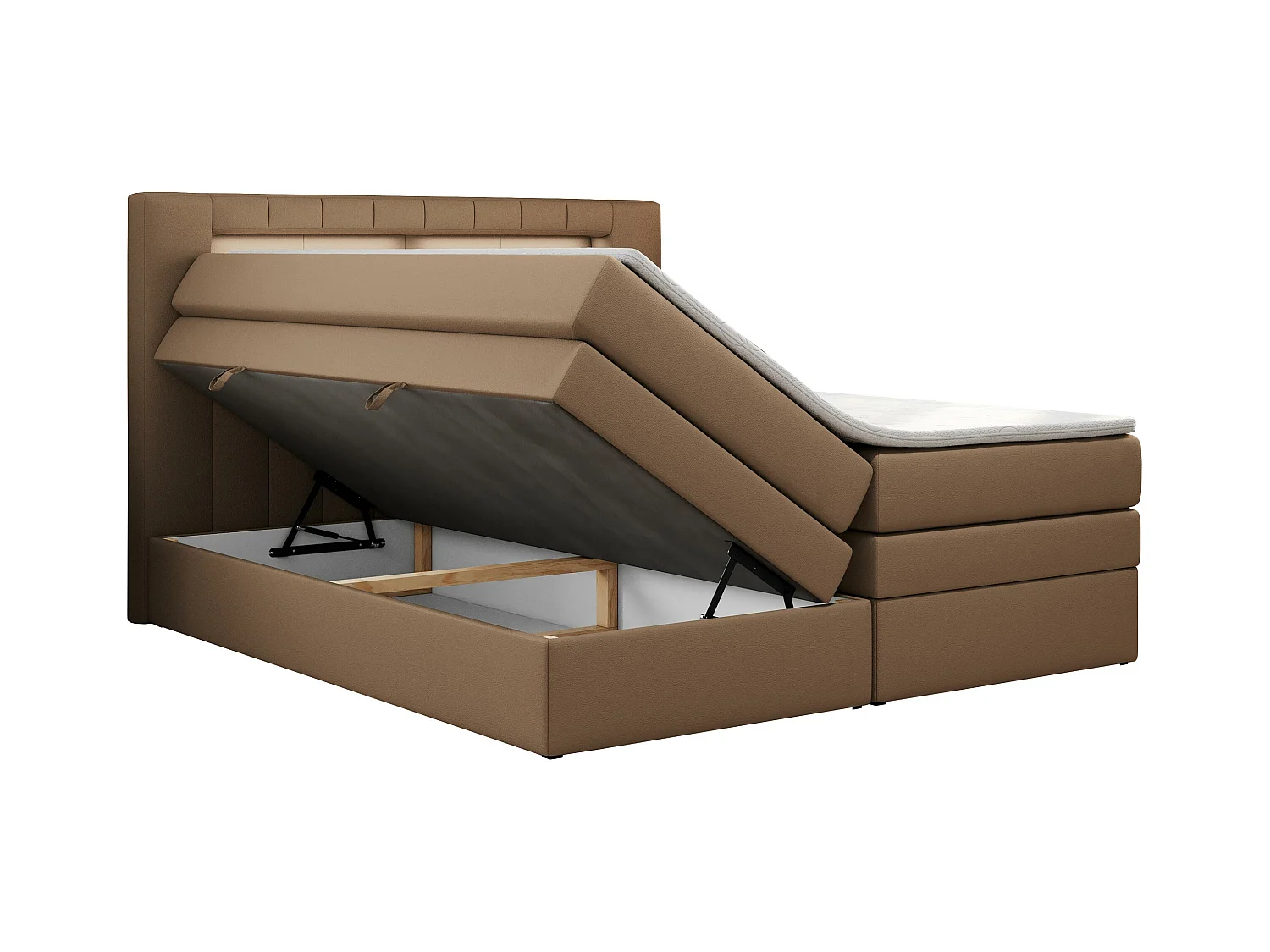 Boxspringbett GOLD 5 KING mit Stauraum, zwei Bettkästen, LED-Beleuchtung, Multipocket-Matratze - 200x200 cm - H3 - Braun Kunstleder