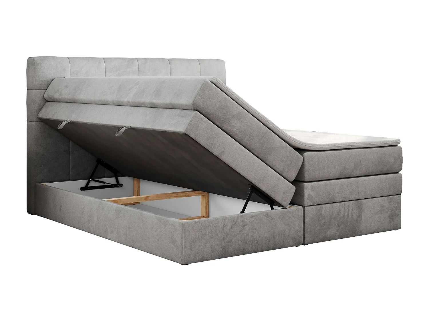 Boxspringbett LUKA KING, mit gestepptem Kopfteil, zwei Bettkästen, Multipocket-Matratze und Topper - 180x200 cm - H4 - Hellgrau Velvet