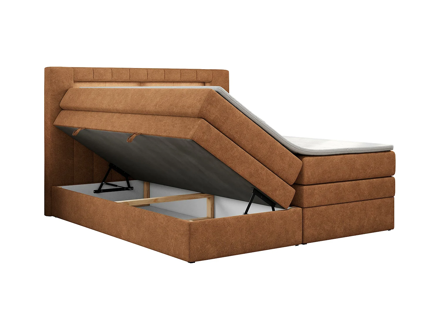 Boxspringbett GOLD 5 KING mit Stauraum, zwei Bettkästen, LED-Beleuchtung, Multipocket-Matratze - 200x200 cm - H4 - Orange Strukture