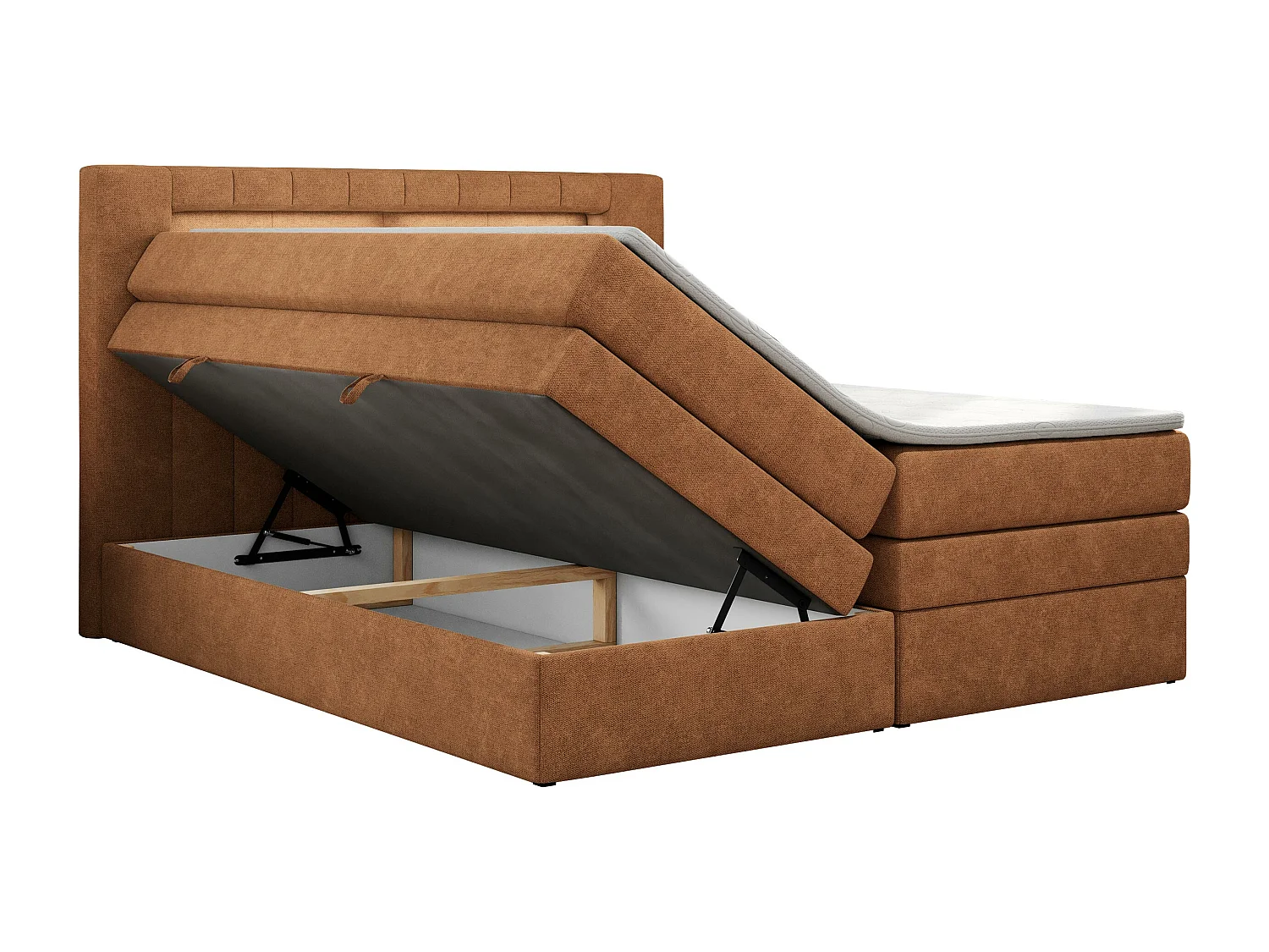 Boxspringbett GOLD 5 KING mit Stauraum, zwei Bettkästen, LED-Beleuchtung, Multipocket-Matratze - 200x200 cm - H4 - Orange Strukture