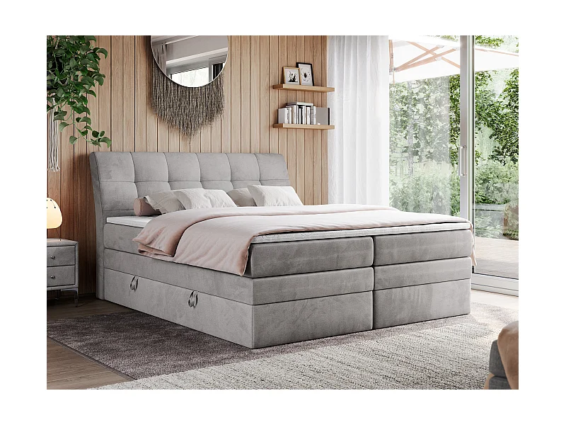 Boxspringbett GOLD 10 KING mit genähtes Kopfteil und Stauraum, zwei Multipocket-Matratze - 180x200 cm - H3 - Hellgrau Velvet