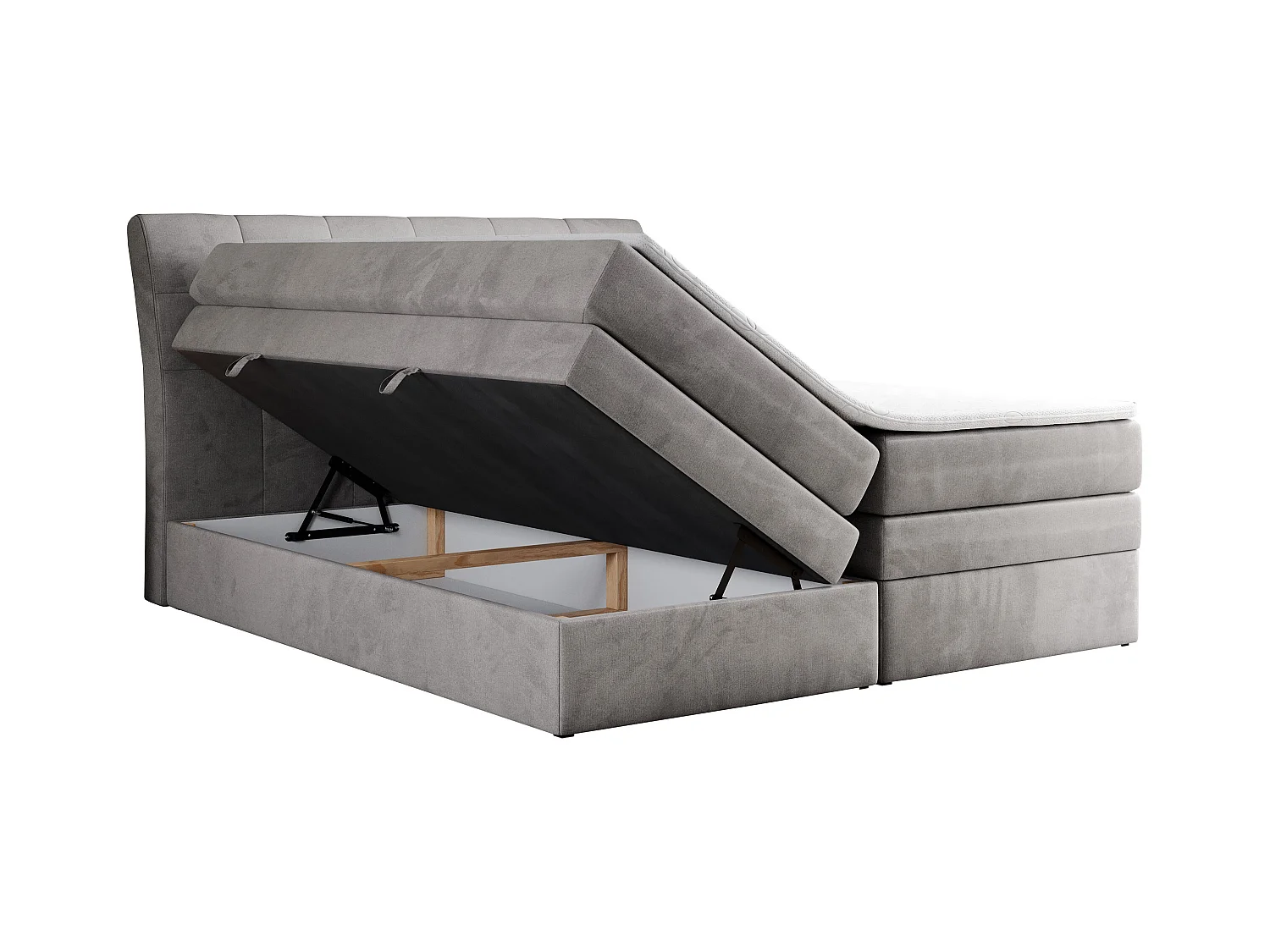 Boxspringbett GOLD 10 KING mit genähtes Kopfteil und Stauraum, zwei Multipocket-Matratze - 180x200 cm - H3 - Hellgrau Velvet