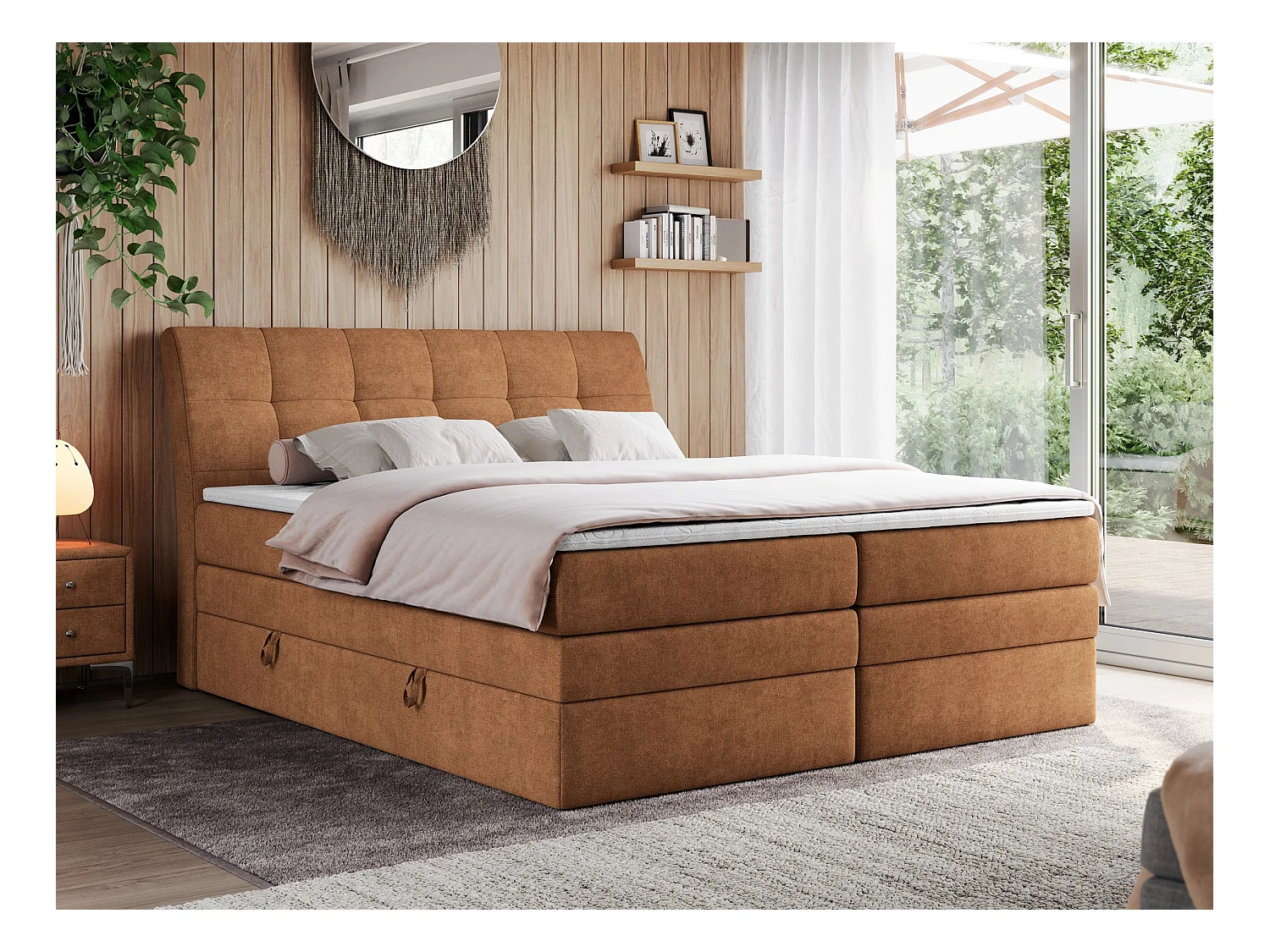 Boxspringbett GOLD 10 KING mit genähtes Kopfteil und Stauraum, zwei Multipocket-Matratze - 140x200 cm - H3 - Orange Strukture