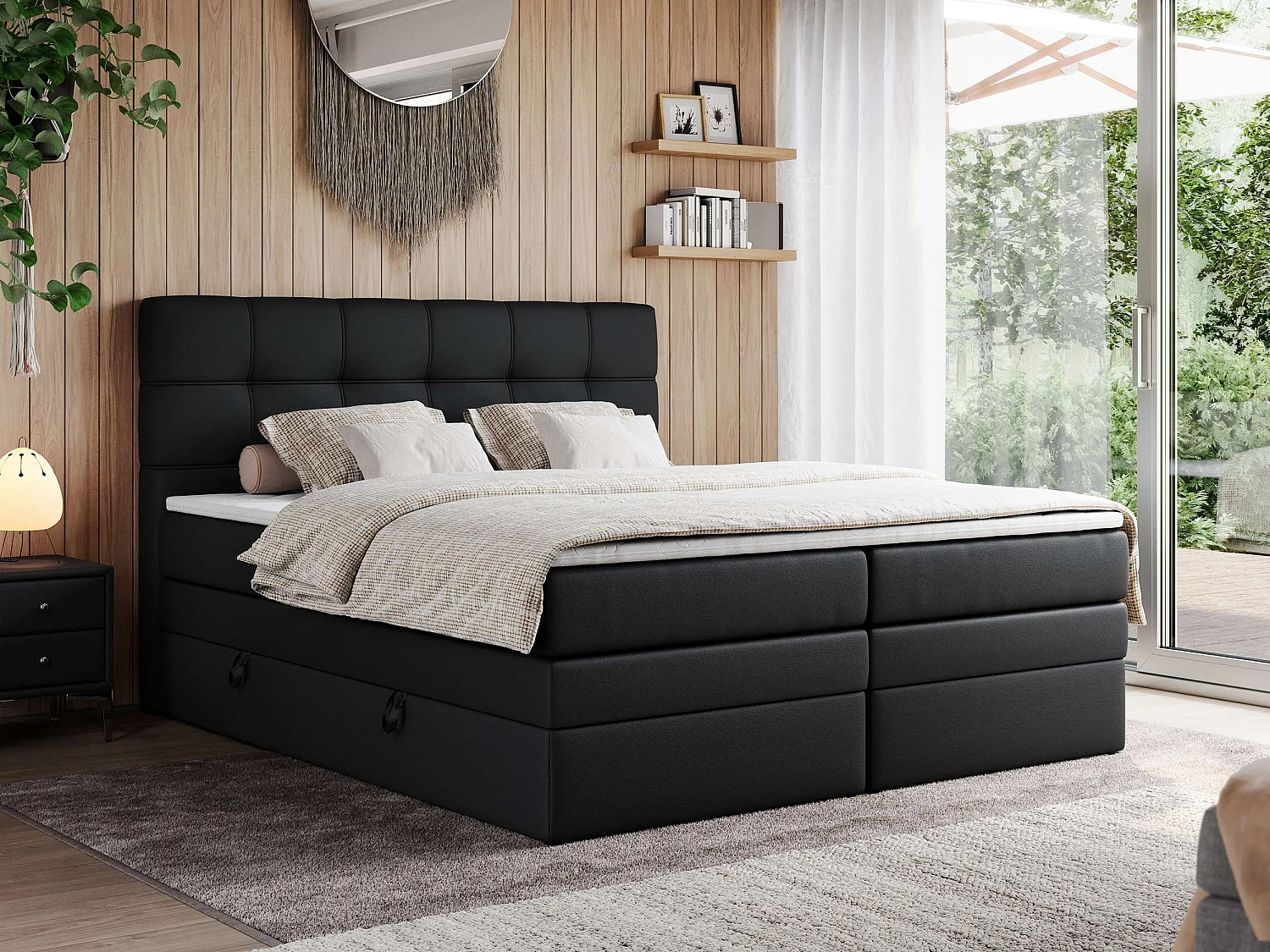 Boxspringbett ERNI KING, gestepptes Kopfteil, zwei Multipocket-Matratze und Topper, mit Stauraum - 180x200 cm - H3 - Schwarz Kunstleder