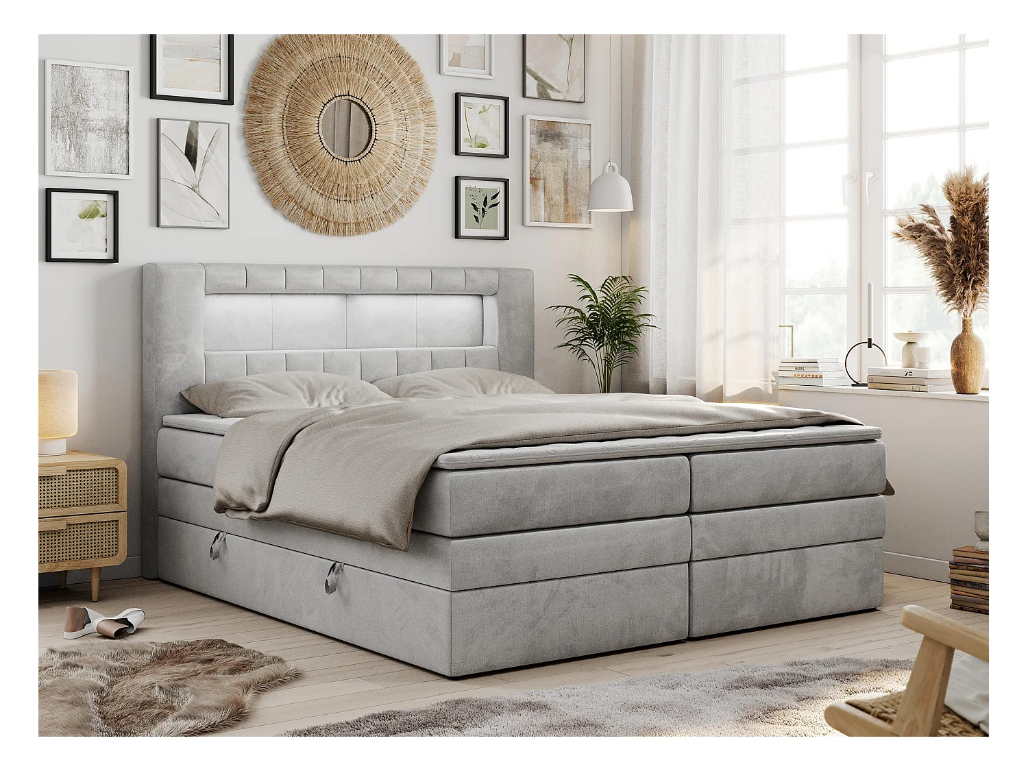 Boxspringbett GOLD 5 KING mit Stauraum, zwei Bettkästen, LED-Beleuchtung, Multipocket-Matratze - 140x200 cm - H3 - Hellgrau Velvet