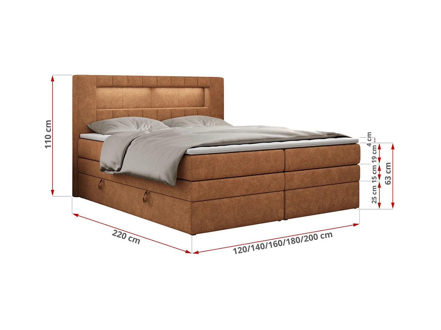 Boxspringbett GOLD 5 KING mit Stauraum, zwei Bettkästen, LED-Beleuchtung, Multipocket-Matratze - 140x200 cm - H4 - Orange Strukture