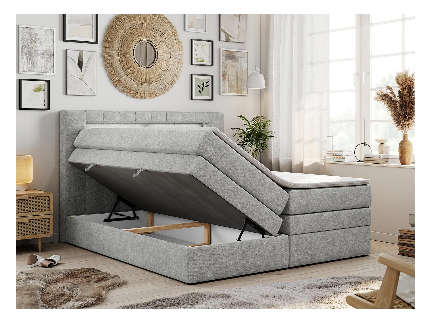 Boxspringbett GOLD 5 KING mit Stauraum, zwei Bettkästen, LED-Beleuchtung, Multipocket-Matratze - 140x200 cm - H4 - Hellgrau Strukture