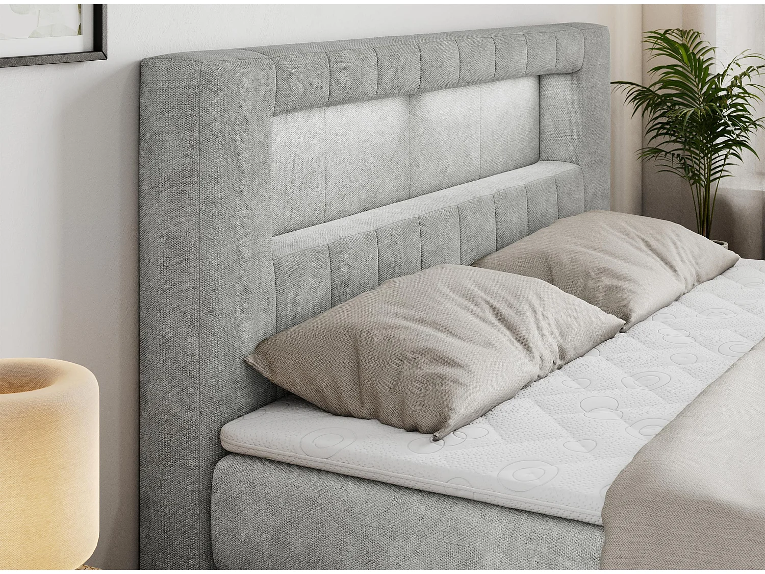 Boxspringbett GOLD 5 KING mit Stauraum, zwei Bettkästen, LED-Beleuchtung, Multipocket-Matratze - 140x200 cm - H4 - Hellgrau Strukture