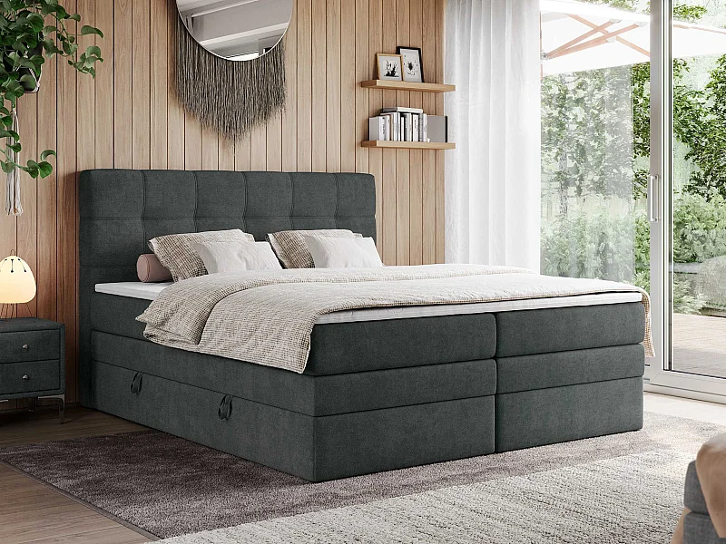 Boxspringbett ERNI KING, gestepptes Kopfteil, zwei Multipocket-Matratze und Topper, mit Stauraum - 160x200 cm - H3 - Dunkelgrau Strukture