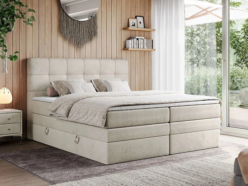 Boxspringbett ERNI KING, gestepptes Kopfteil, zwei Multipocket-Matratze und Topper, mit Stauraum - 200x200 cm - H4 - Beige Velvet