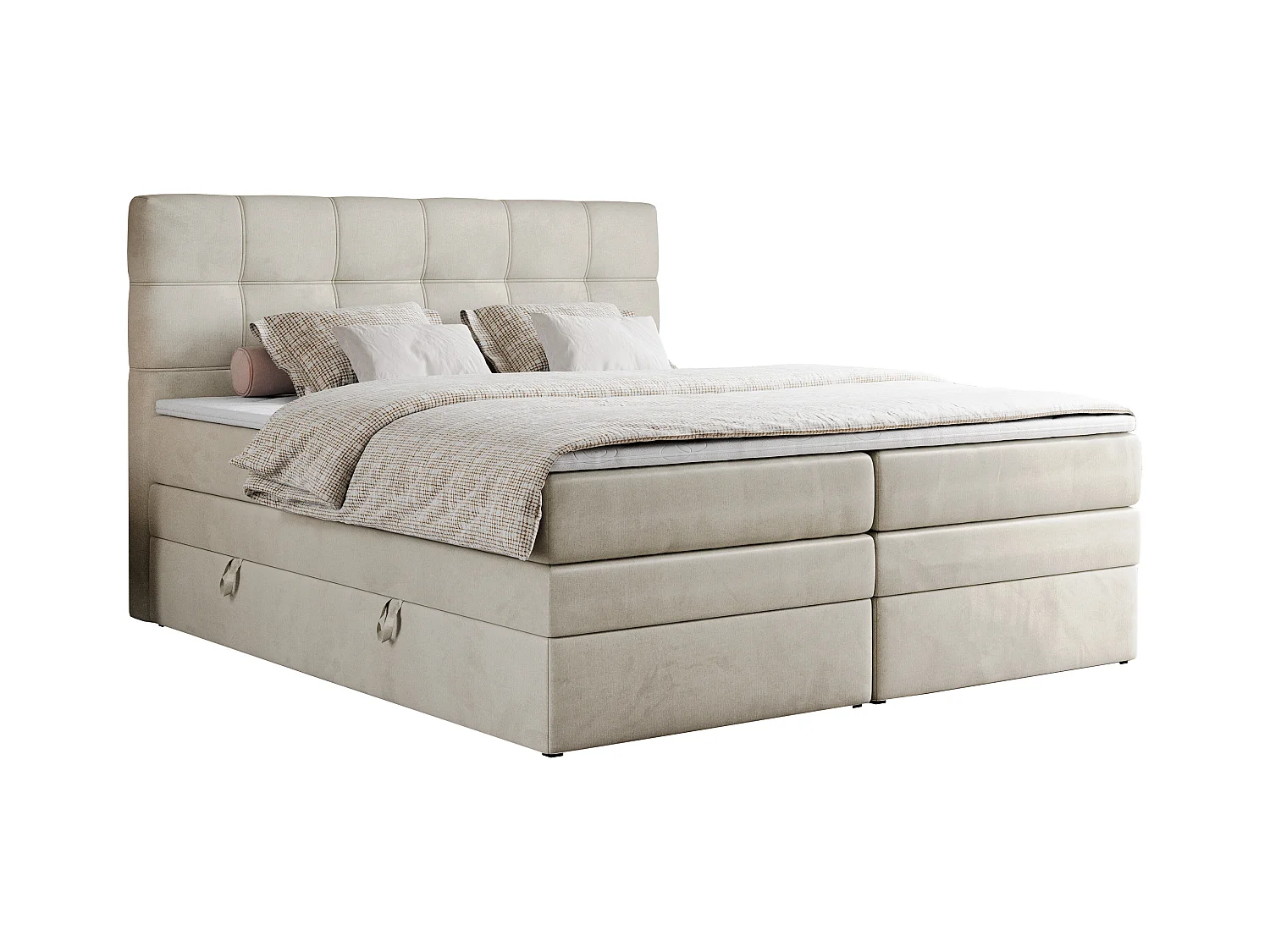 Boxspringbett ERNI KING, gestepptes Kopfteil, zwei Multipocket-Matratze und Topper, mit Stauraum - 200x200 cm - H4 - Beige Velvet