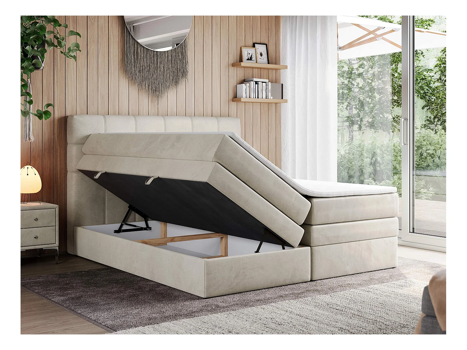 Boxspringbett ERNI KING, gestepptes Kopfteil, zwei Multipocket-Matratze und Topper, mit Stauraum - 160x200 cm - H3 - Beige Velvet