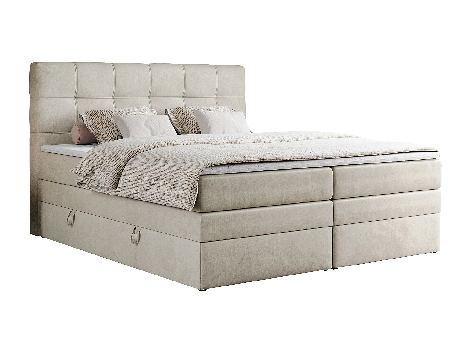 Boxspringbett ERNI KING, gestepptes Kopfteil, zwei Multipocket-Matratze und Topper, mit Stauraum - 160x200 cm - H3 - Beige Velvet