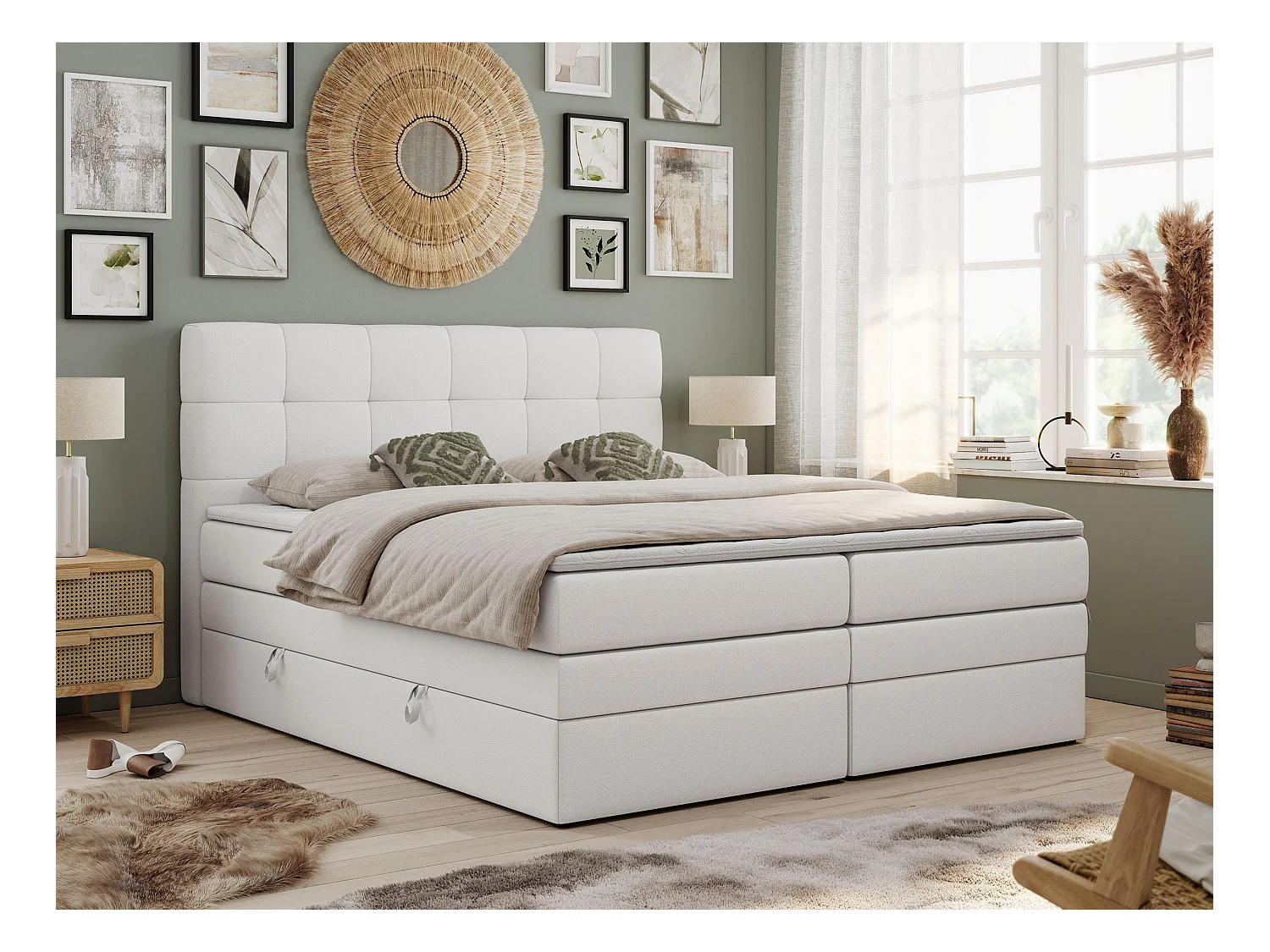 Boxspringbett LUKA KING, mit gestepptem Kopfteil, zwei Bettkästen, Multipocket-Matratze und Topper - 140x200 cm - H4 - Weiß Kunstleder