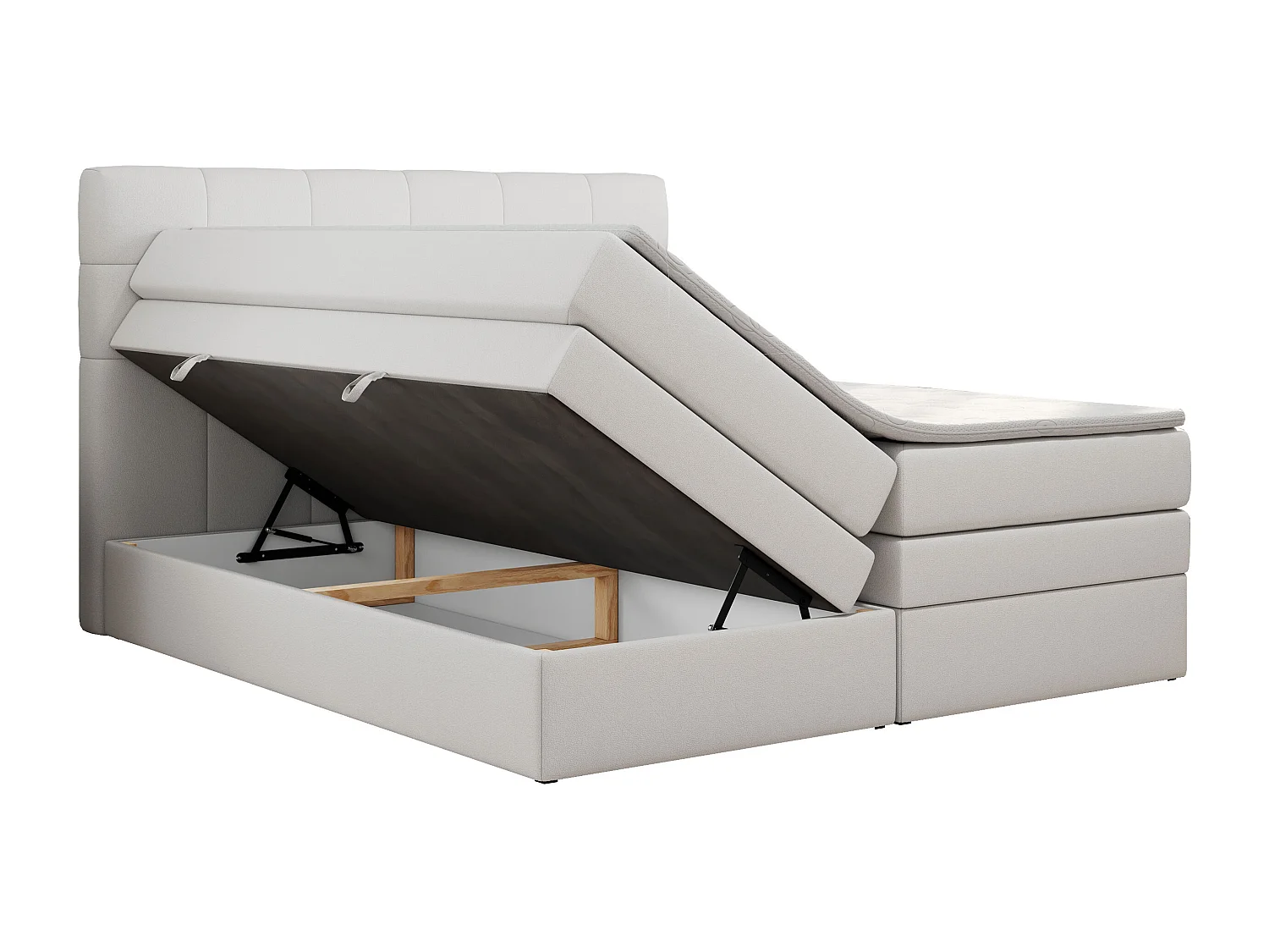 Boxspringbett LUKA KING, mit gestepptem Kopfteil, zwei Bettkästen, Multipocket-Matratze und Topper - 140x200 cm - H4 - Weiß Kunstleder