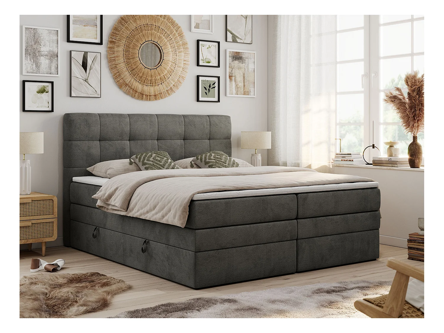 Boxspringbett LUKA KING, mit gestepptem Kopfteil, zwei Bettkästen, Multipocket-Matratze und Topper - 200x200 cm - H3 - Dunkelgrau Velvet