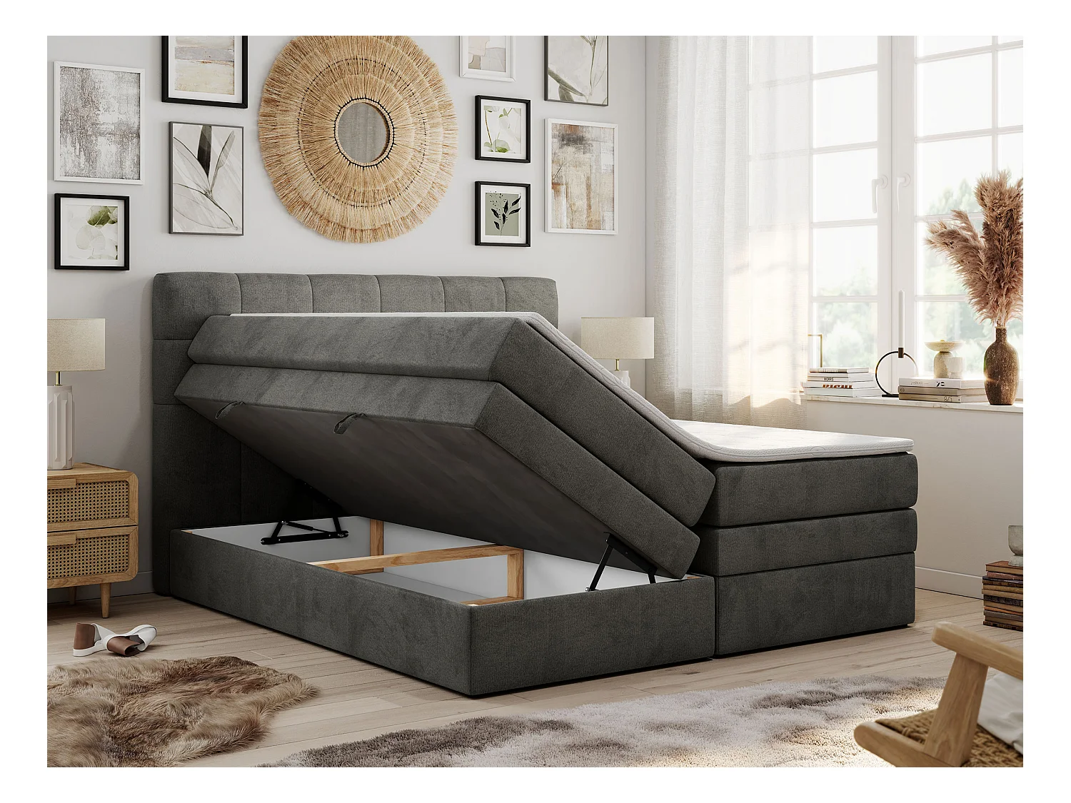 Boxspringbett LUKA KING, mit gestepptem Kopfteil, zwei Bettkästen, Multipocket-Matratze und Topper - 200x200 cm - H3 - Dunkelgrau Velvet