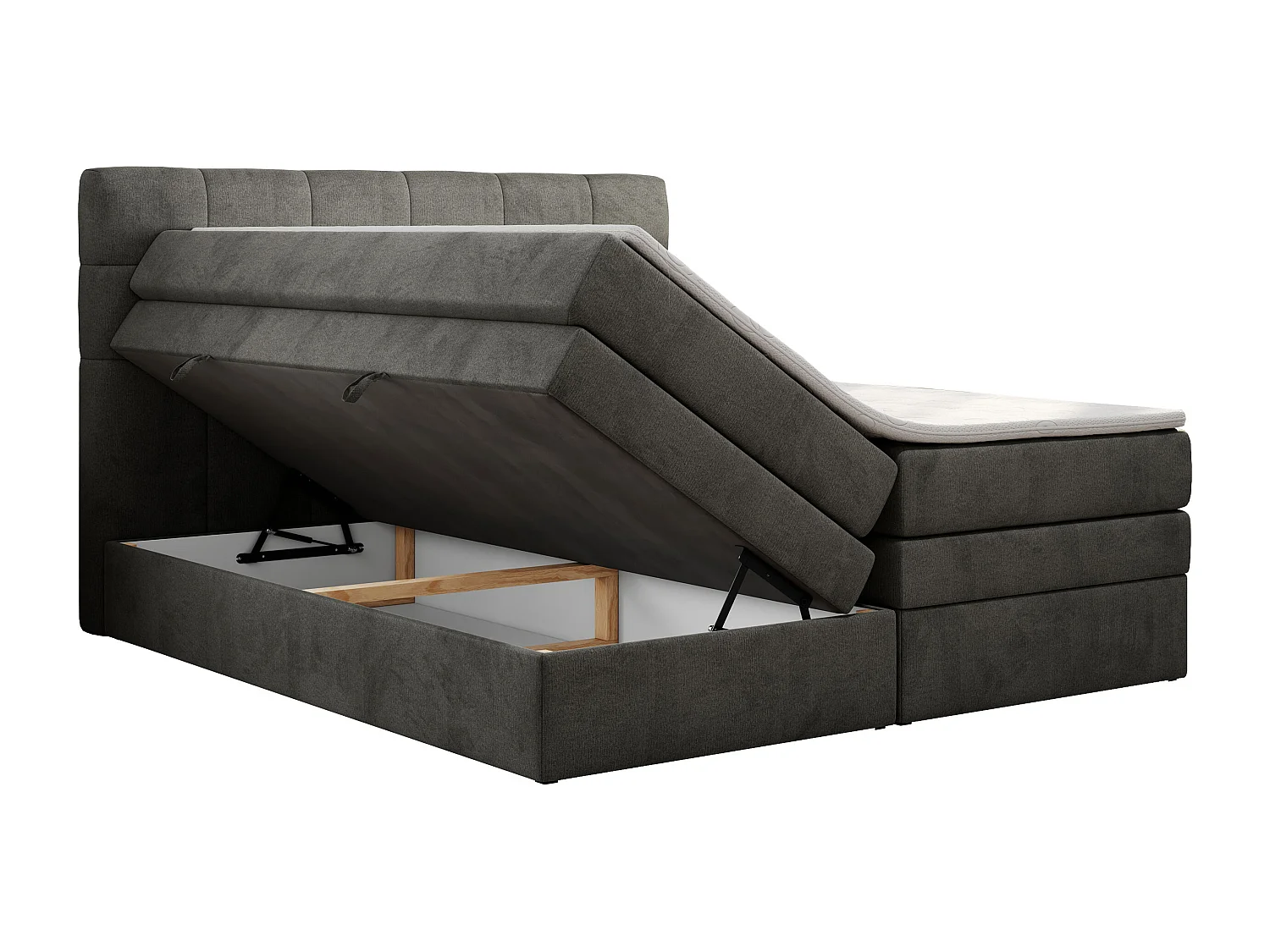 Boxspringbett LUKA KING, mit gestepptem Kopfteil, zwei Bettkästen, Multipocket-Matratze und Topper - 200x200 cm - H3 - Dunkelgrau Velvet