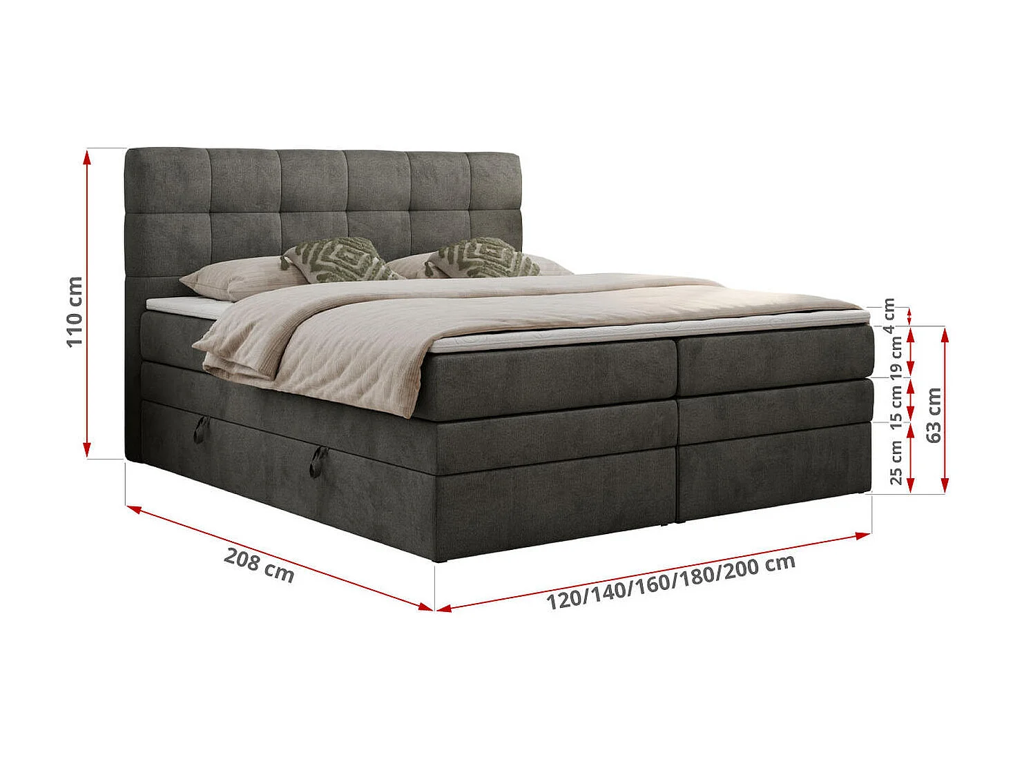 Boxspringbett LUKA KING, mit gestepptem Kopfteil, zwei Bettkästen, Multipocket-Matratze und Topper - 200x200 cm - H3 - Dunkelgrau Velvet