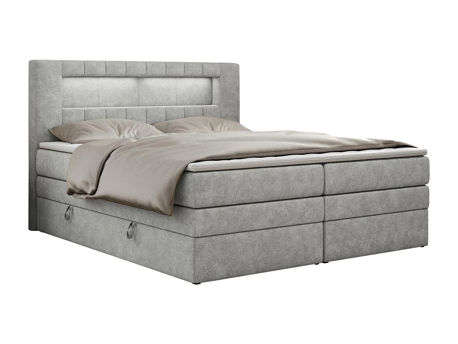Boxspringbett GOLD 5 KING mit Stauraum, zwei Bettkästen, LED-Beleuchtung, Multipocket-Matratze - 120x200 cm - H3 - Hellgrau Strukture