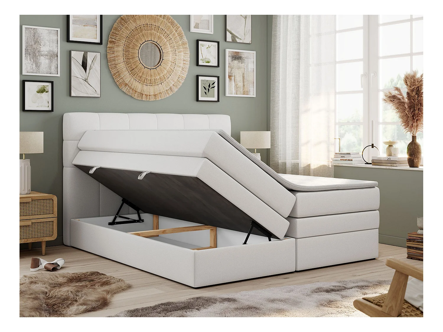 Boxspringbett LUKA KING, mit gestepptem Kopfteil, zwei Bettkästen, Multipocket-Matratze und Topper - 140x200 cm - H3 - Weiß Kunstleder