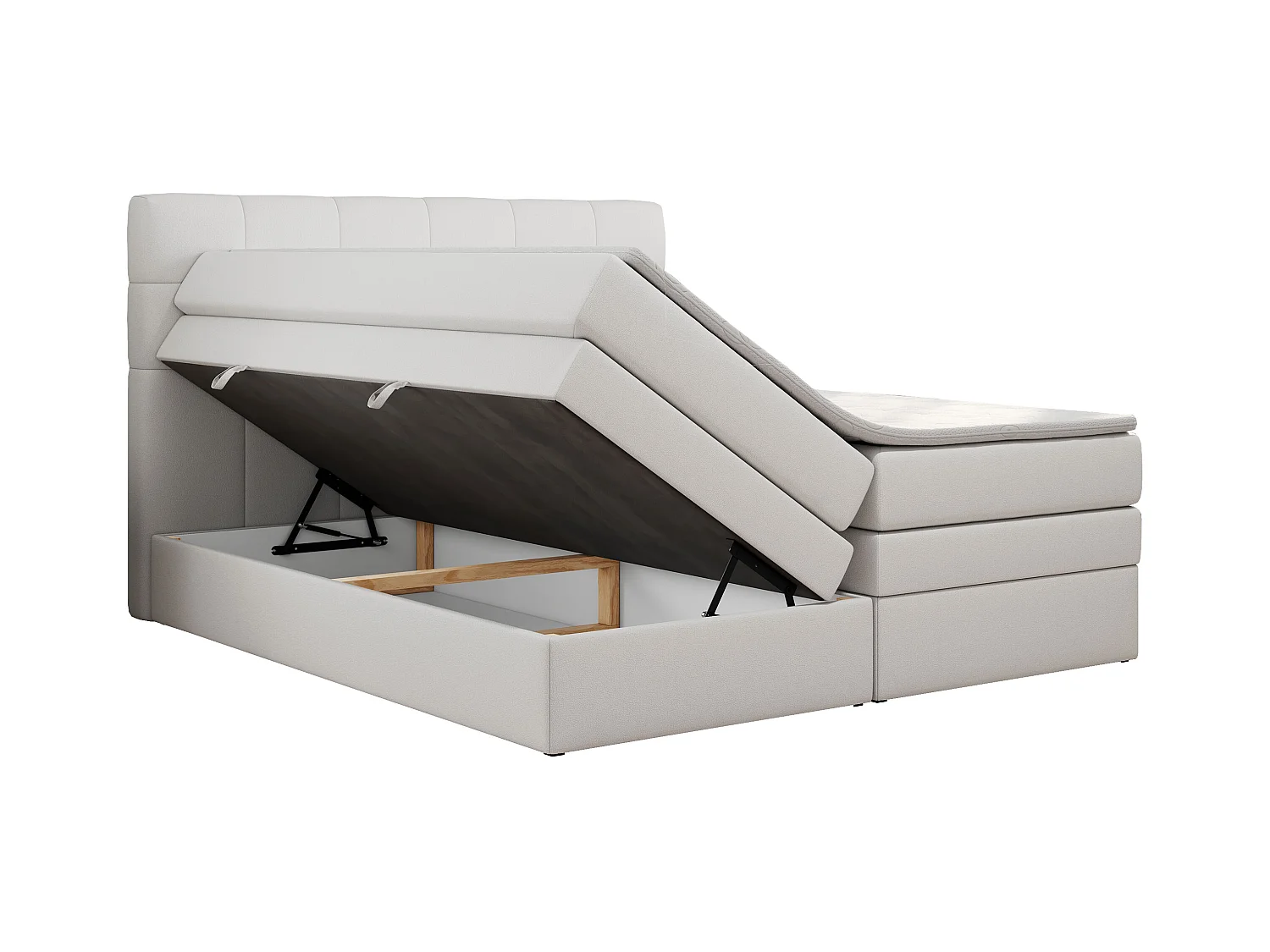 Boxspringbett LUKA KING, mit gestepptem Kopfteil, zwei Bettkästen, Multipocket-Matratze und Topper - 140x200 cm - H3 - Weiß Kunstleder