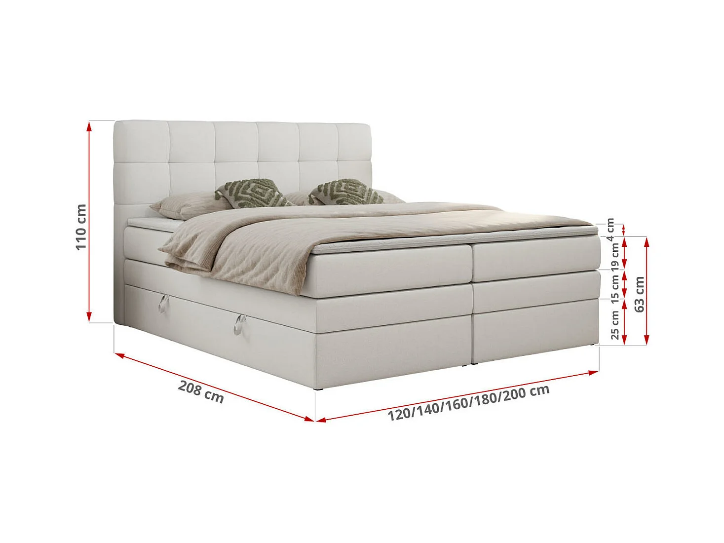 Boxspringbett LUKA KING, mit gestepptem Kopfteil, zwei Bettkästen, Multipocket-Matratze und Topper - 140x200 cm - H3 - Weiß Kunstleder