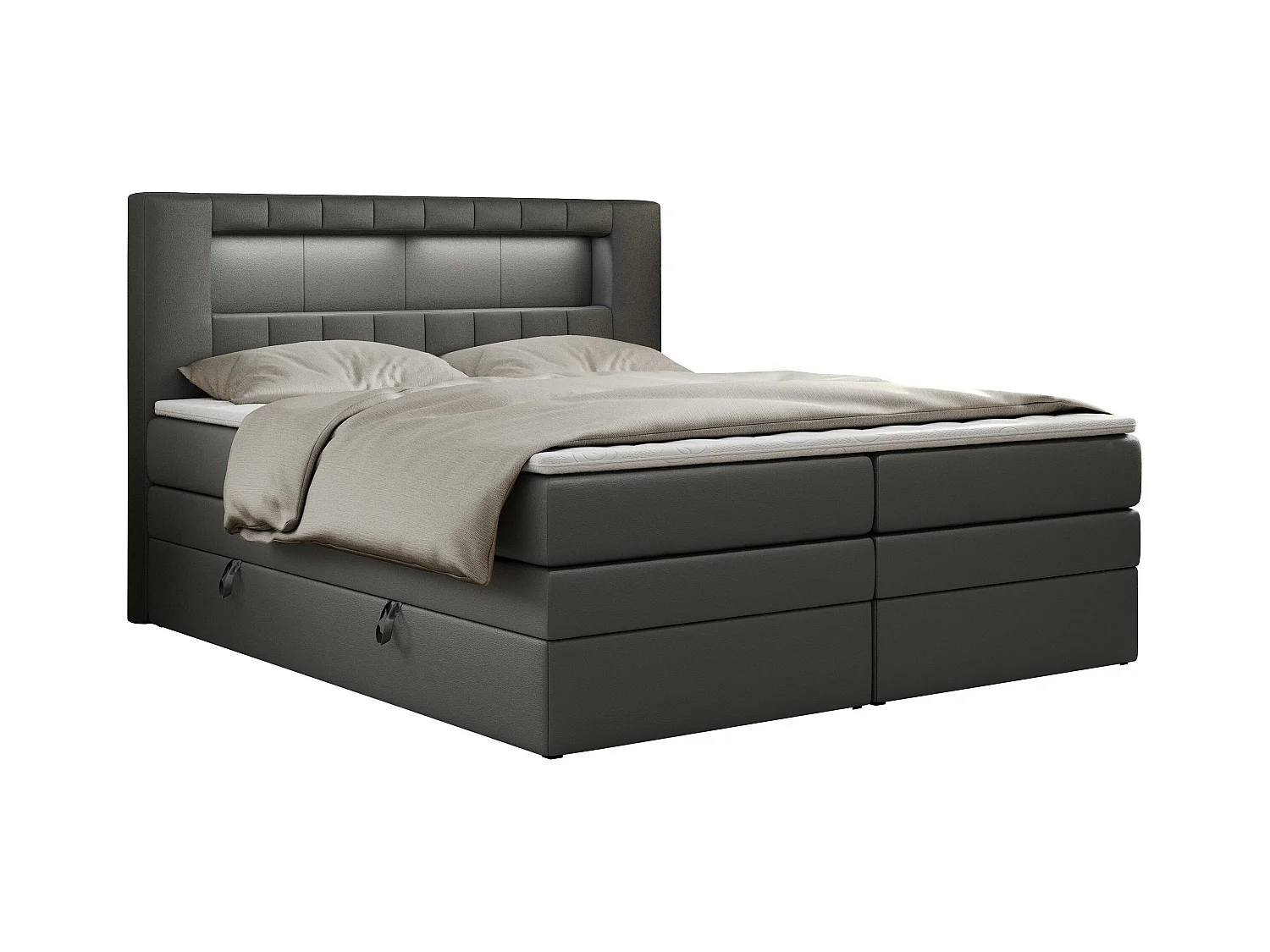 Boxspringbett GOLD 5 KING mit Stauraum, zwei Bettkästen, LED-Beleuchtung, Multipocket-Matratze - 120x200 cm - H4 - Dunkelgrau Kunstleder