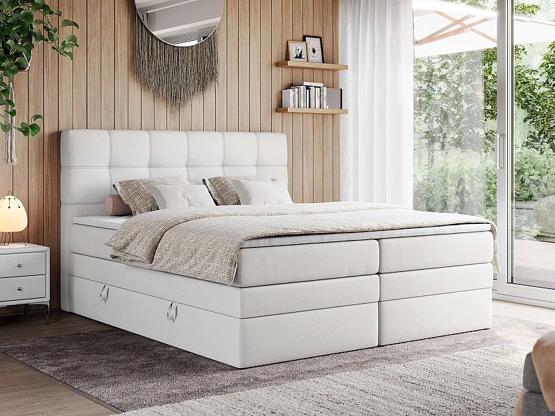 Boxspringbett ERNI KING, gestepptes Kopfteil, zwei Multipocket-Matratze und Topper, mit Stauraum - 120x200 cm - H4 - Weiß Kunstleder