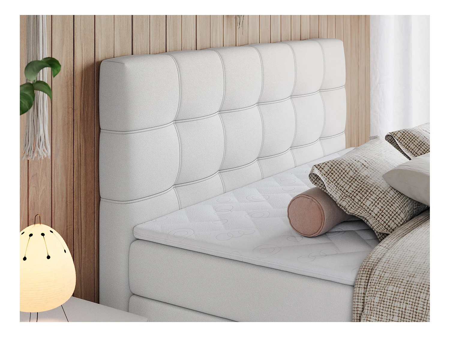 Boxspringbett ERNI KING, gestepptes Kopfteil, zwei Multipocket-Matratze und Topper, mit Stauraum - 120x200 cm - H4 - Weiß Kunstleder