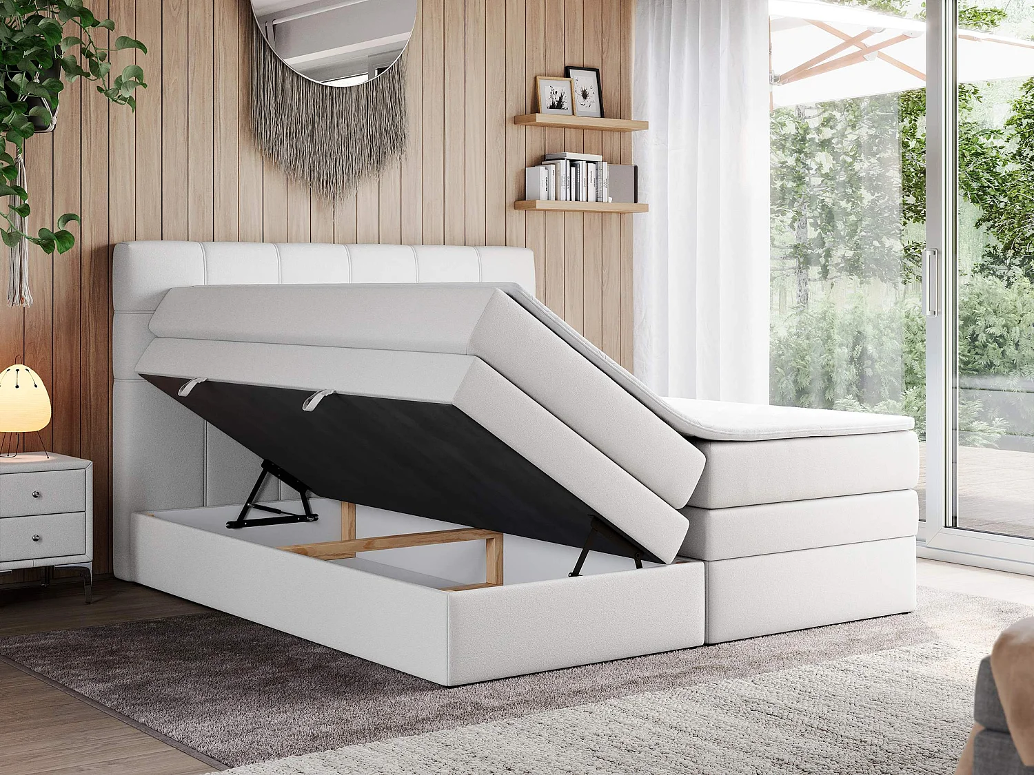 Boxspringbett ERNI KING, gestepptes Kopfteil, zwei Multipocket-Matratze und Topper, mit Stauraum - 120x200 cm - H4 - Weiß Kunstleder