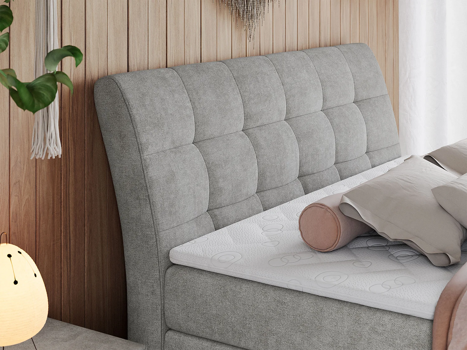 Boxspringbett GOLD 10 KING mit genähtes Kopfteil und Stauraum, zwei Multipocket-Matratze - 140x200 cm - H4 - Hellgrau Strukture