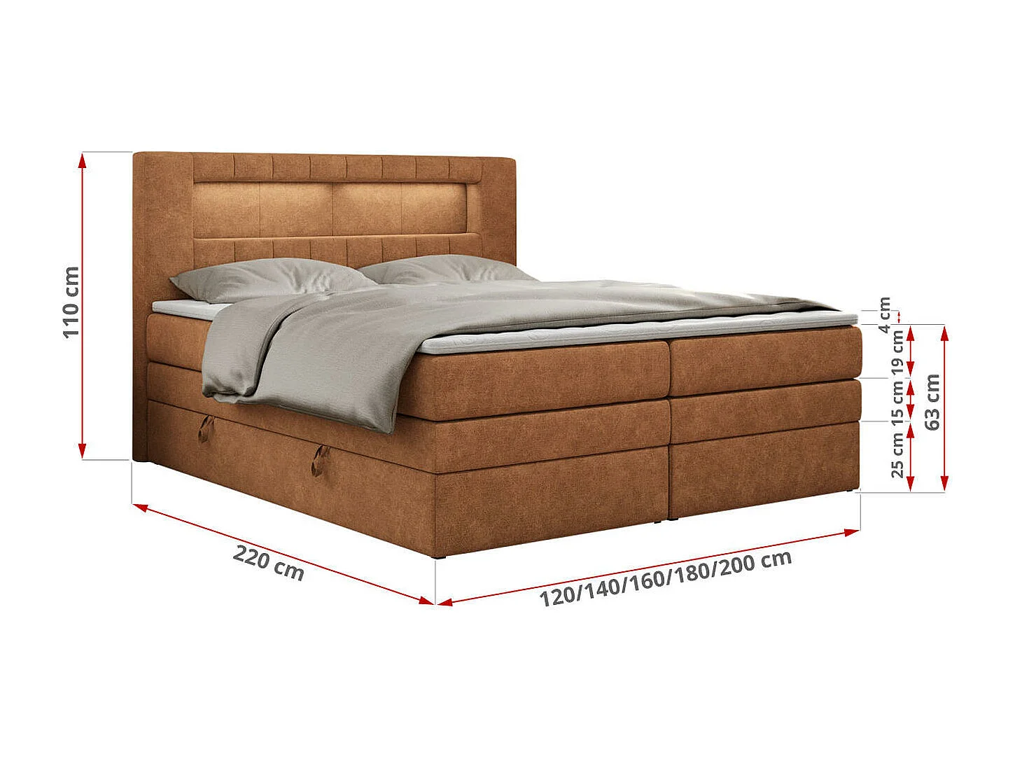 Boxspringbett GOLD 5 KING mit Stauraum, zwei Bettkästen, LED-Beleuchtung, Multipocket-Matratze - 160x200 cm - H4 - Orange Strukture