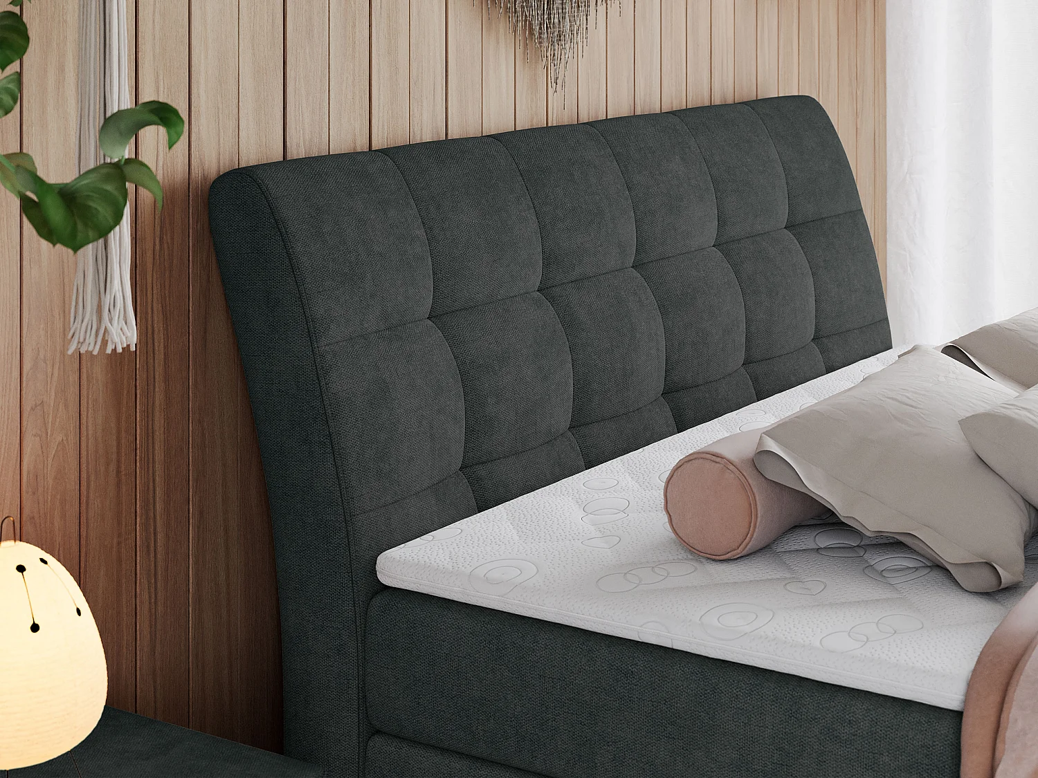 Boxspringbett GOLD 10 KING mit genähtes Kopfteil und Stauraum, zwei Multipocket-Matratze - 120x200 cm - H4 - Dunkelgrau Strukture