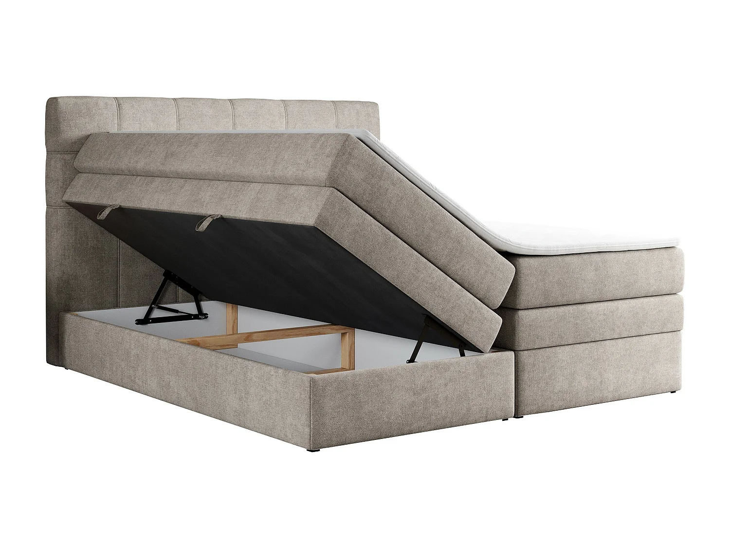 Boxspringbett ERNI KING, gestepptes Kopfteil, zwei Multipocket-Matratze und Topper, mit Stauraum - 200x200 cm - H3 - Beige Strukture