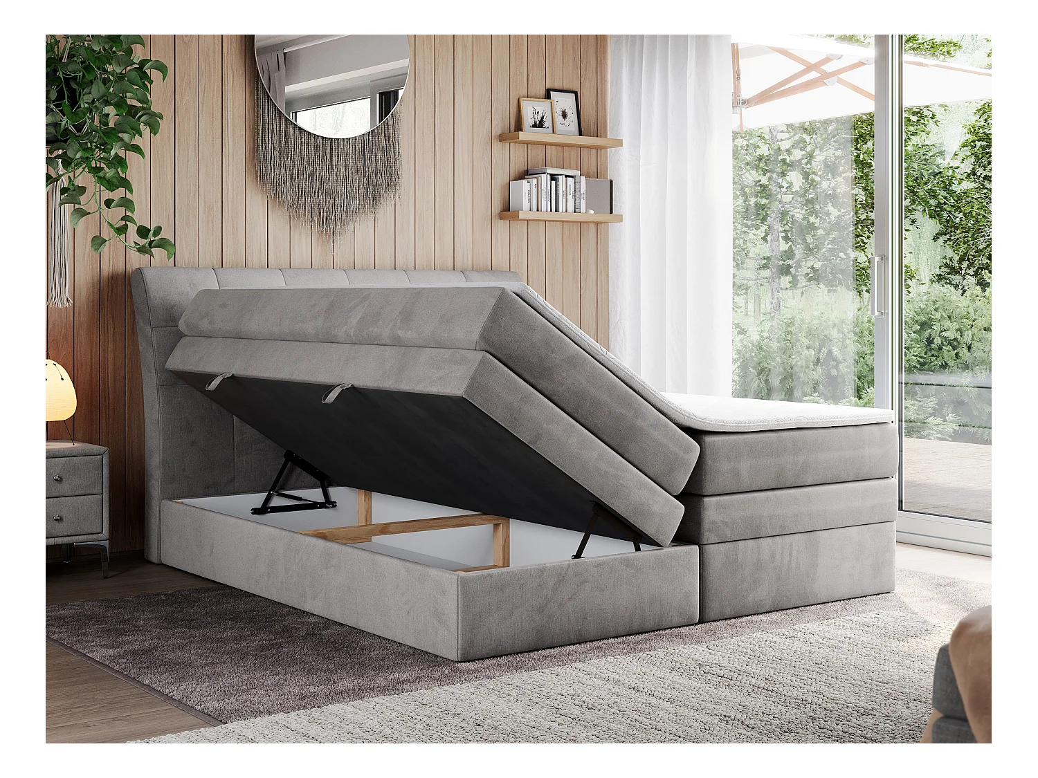 Boxspringbett GOLD 10 KING mit genähtes Kopfteil und Stauraum, zwei Multipocket-Matratze - 140x200 cm - H3 - Hellgrau Velvet