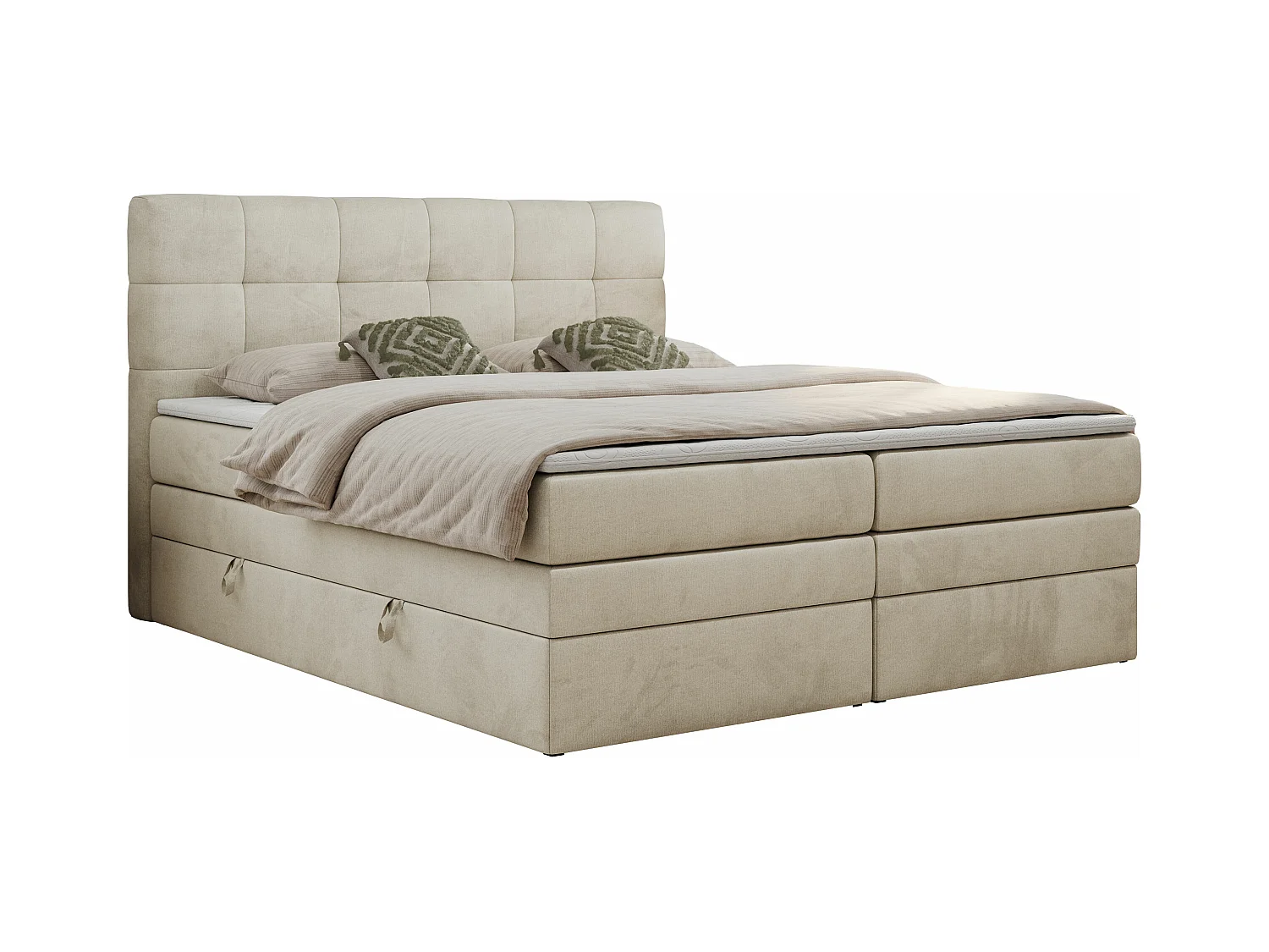 Boxspringbett LUKA KING, mit gestepptem Kopfteil, zwei Bettkästen, Multipocket-Matratze und Topper - 120x200 cm - H3 - Beige Velvet
