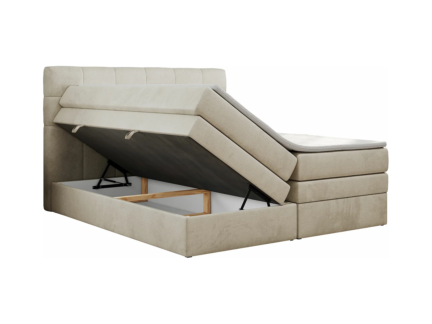 Boxspringbett LUKA KING, mit gestepptem Kopfteil, zwei Bettkästen, Multipocket-Matratze und Topper - 120x200 cm - H3 - Beige Velvet