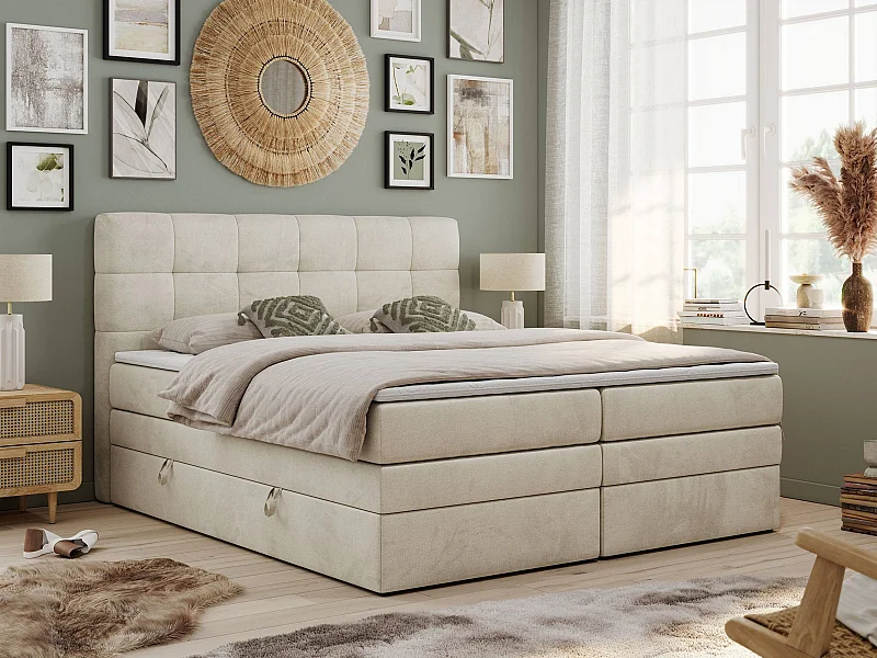 Boxspringbett LUKA KING, mit gestepptem Kopfteil, zwei Bettkästen, Multipocket-Matratze und Topper - 120x200 cm - H3 - Beige Velvet