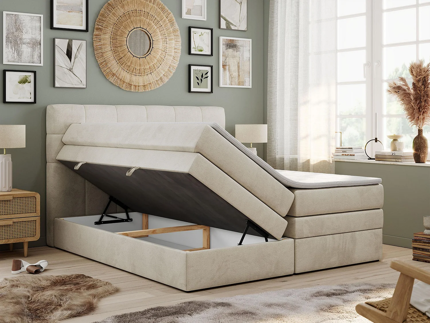 Boxspringbett LUKA KING, mit gestepptem Kopfteil, zwei Bettkästen, Multipocket-Matratze und Topper - 140x200 cm - H4 - Beige Velvet