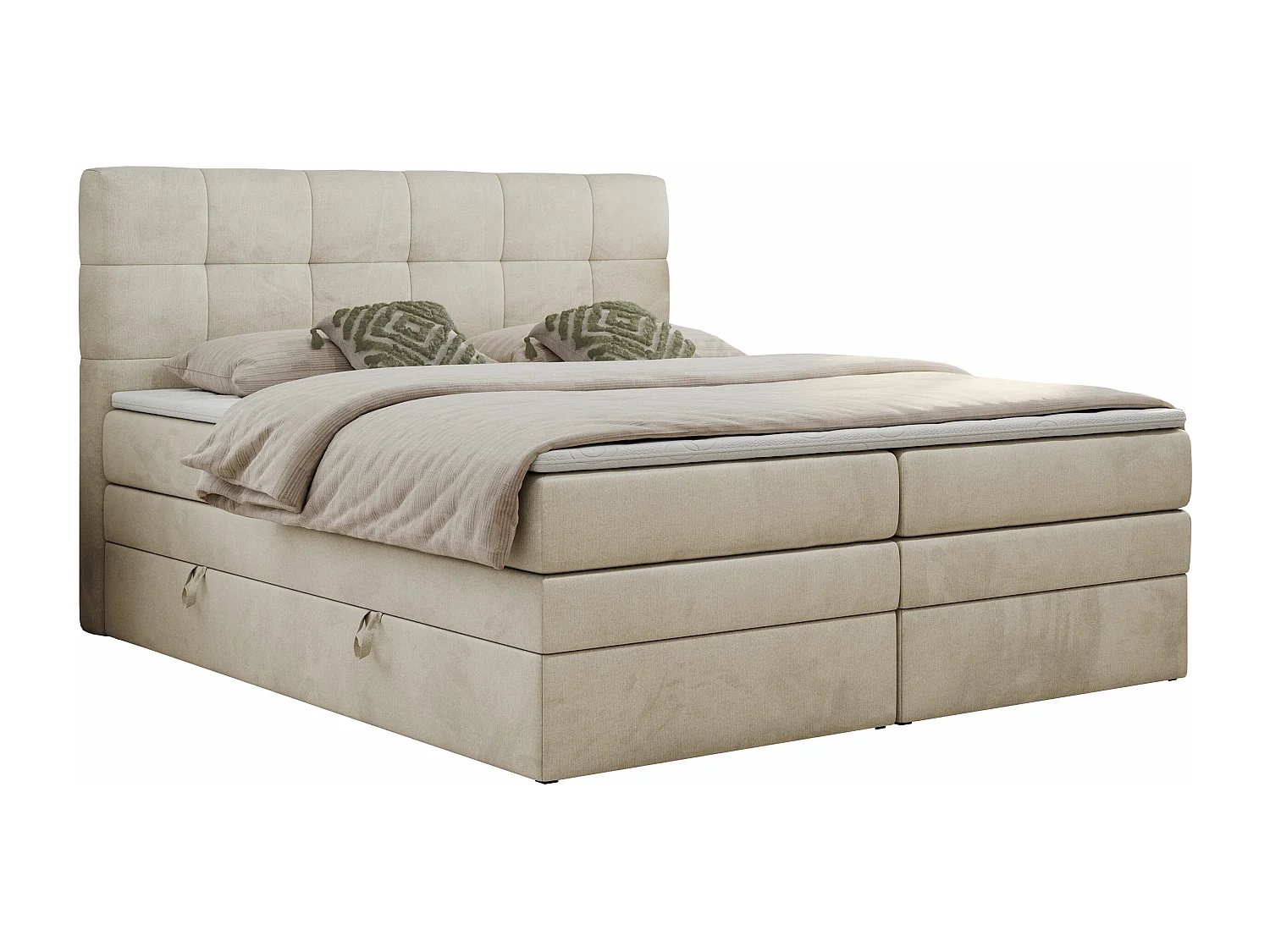 Boxspringbett LUKA KING, mit gestepptem Kopfteil, zwei Bettkästen, Multipocket-Matratze und Topper - 140x200 cm - H4 - Beige Velvet