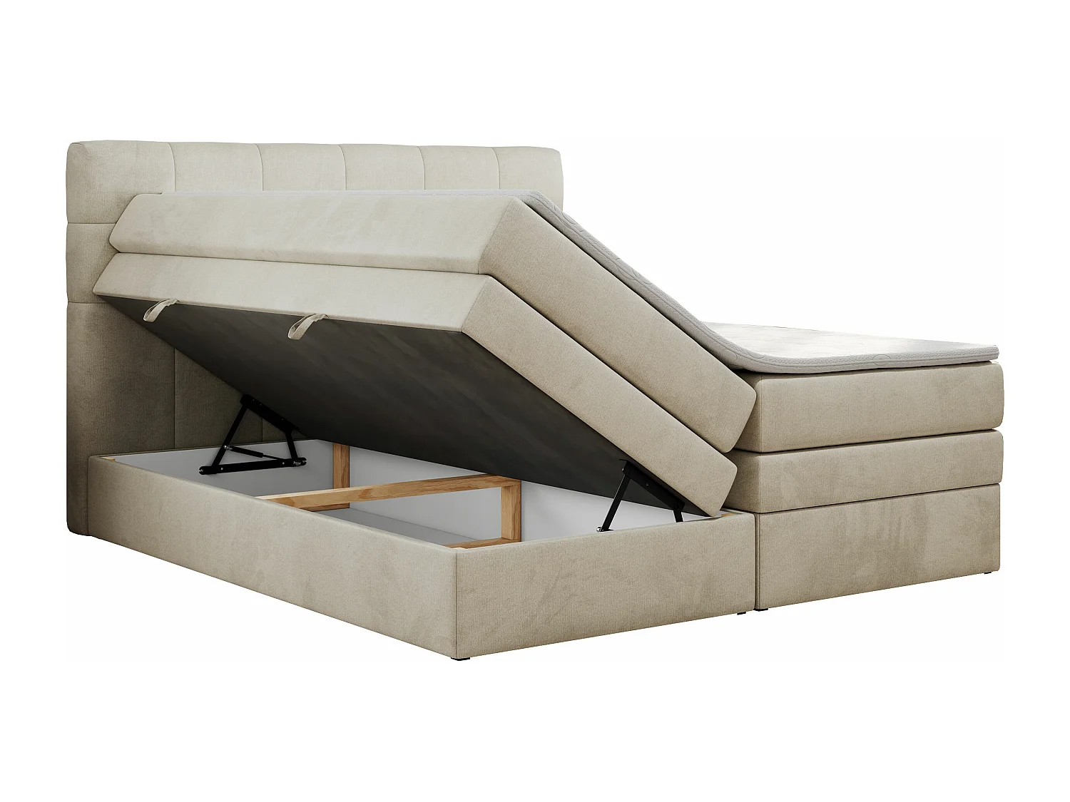 Boxspringbett LUKA KING, mit gestepptem Kopfteil, zwei Bettkästen, Multipocket-Matratze und Topper - 140x200 cm - H4 - Beige Velvet